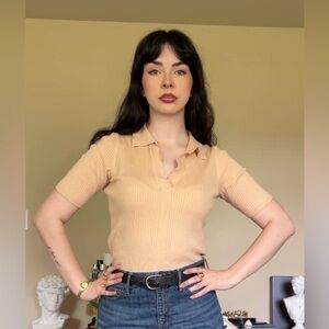 Tan Collared Top, Kate Kasin, Size Medium